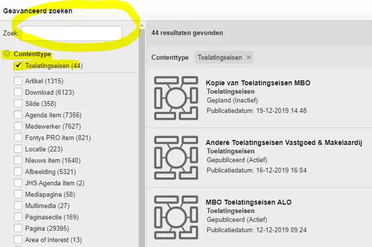 Figuur 3: Zoeken op toelatingseisen