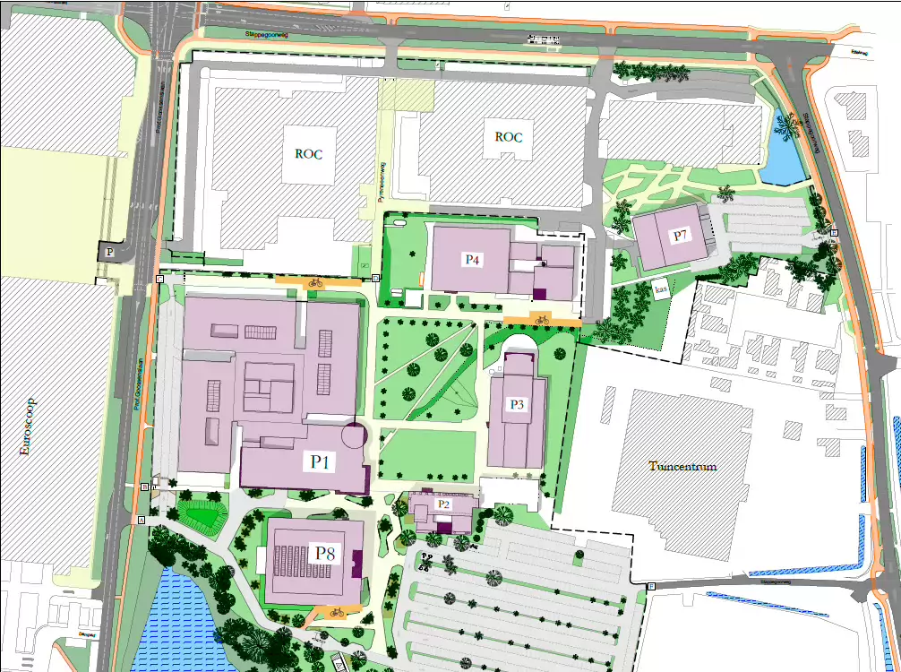 Plattegrond campus Stappegoor en fietsenstallingen