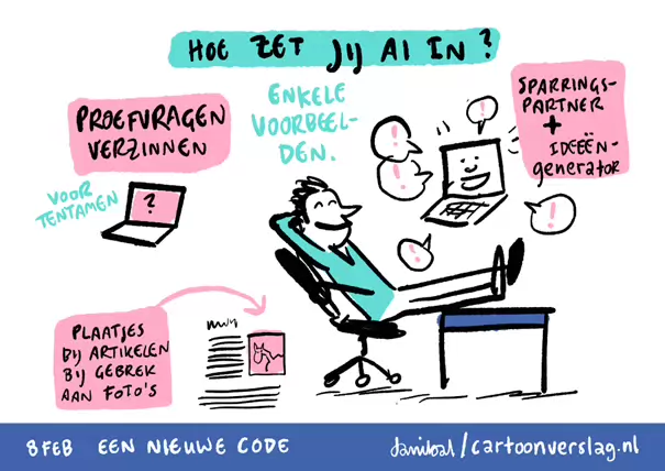 Illustratie door Daniel Hentschel naar aanleiding van de AI-conferentie georganiseerd door RPO en het Lectoraat Ontwerpen aan de Journalistiek.