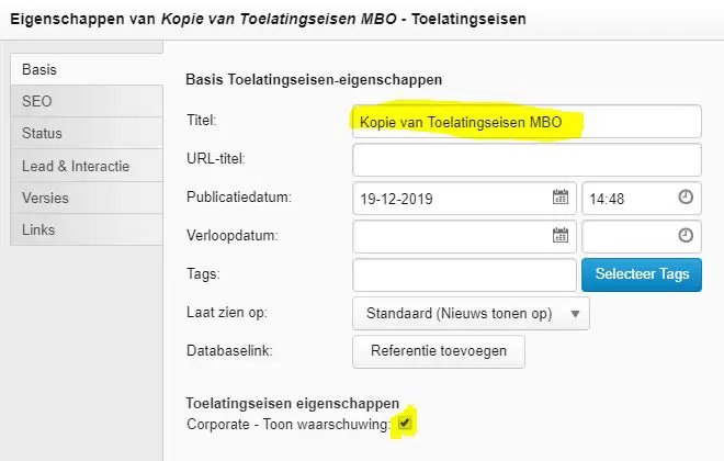 Figuur 6: Naam wijzigen en waarschuwing uitzetten