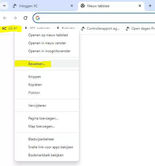 Afbeelding 3a: een bookmark bewerken in Chrome